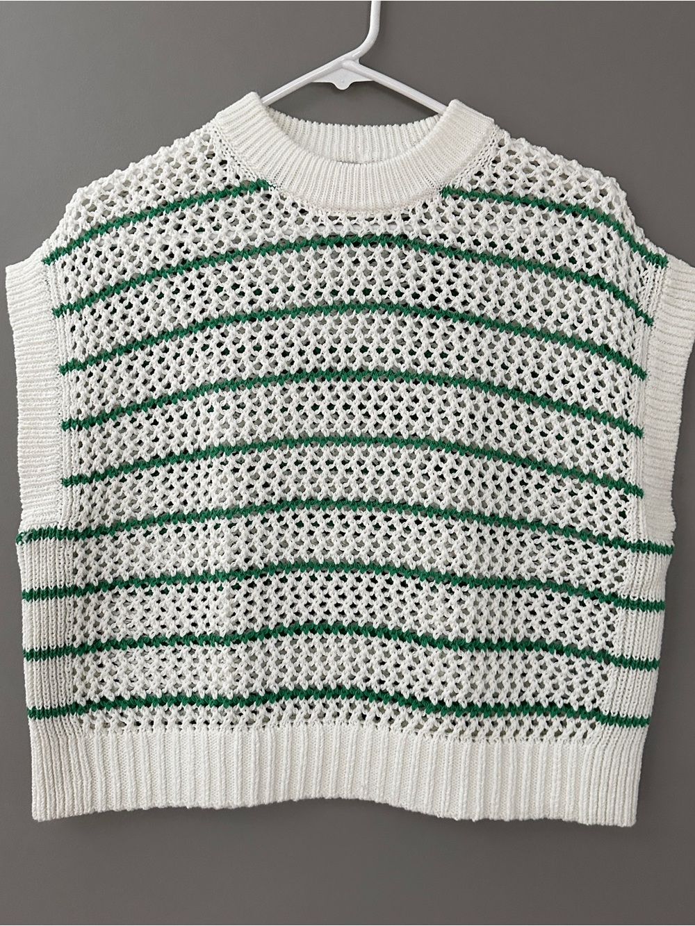 Madewell Open-Knit Striped Sweater Vest | S | Green & White Cotton Crew Neck